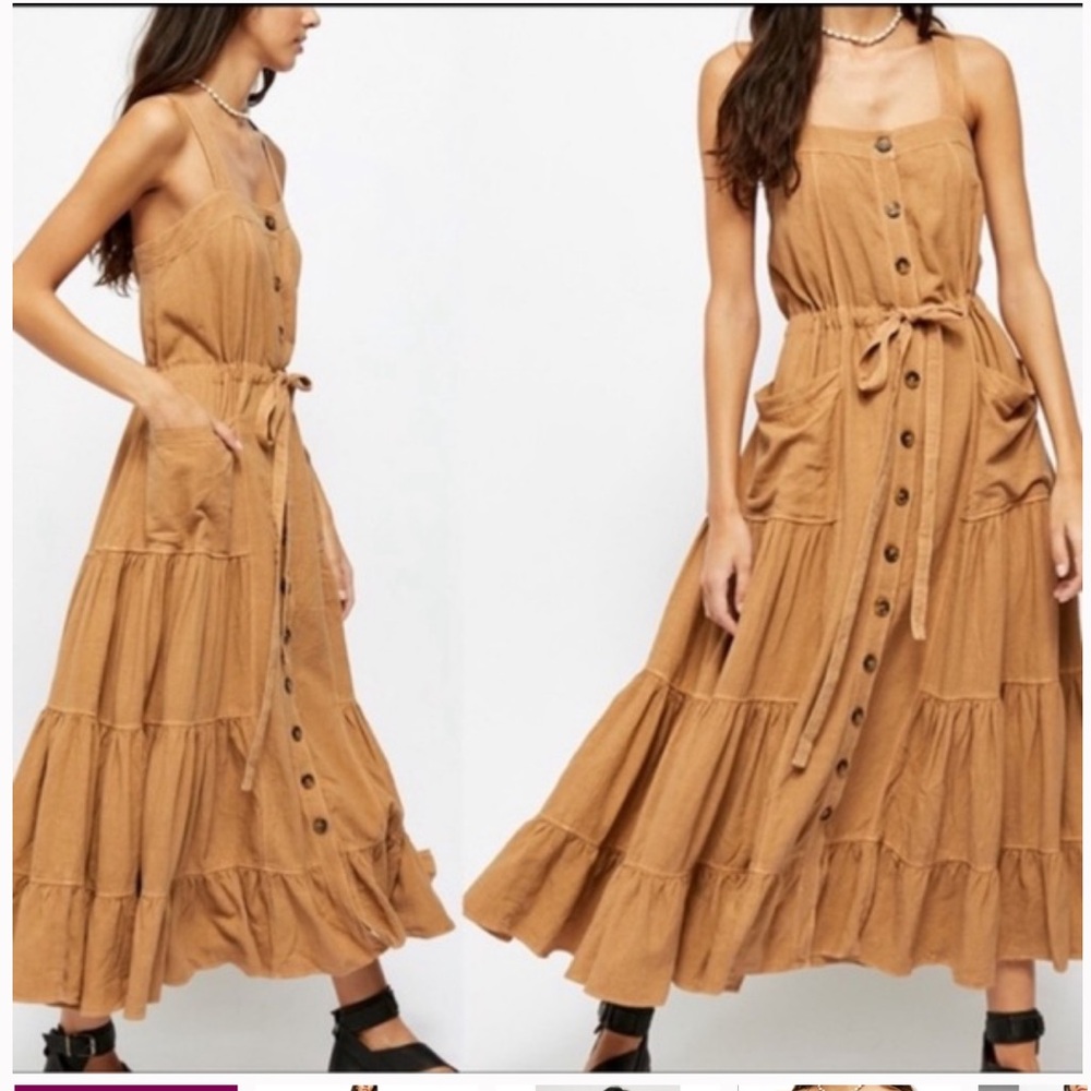 Free People Catch the Breeze Brown Maxi Dress with pockets, button-down flowy S